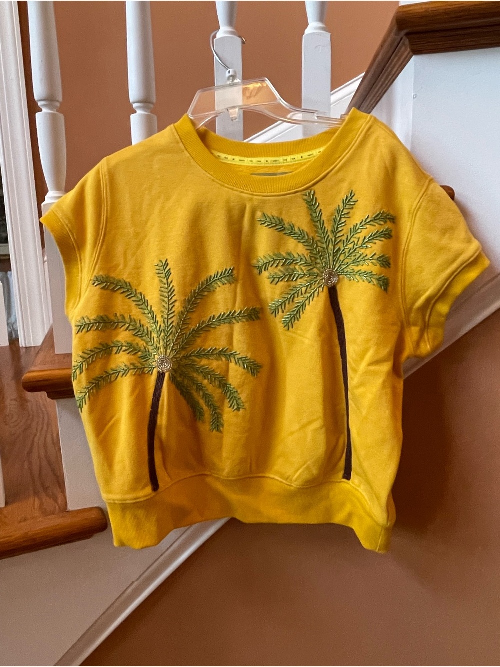 Anthropologie NWT Sz M  highly rated beaded Palm Deco Crop Fleece T-shirt - Picture 8 of 12